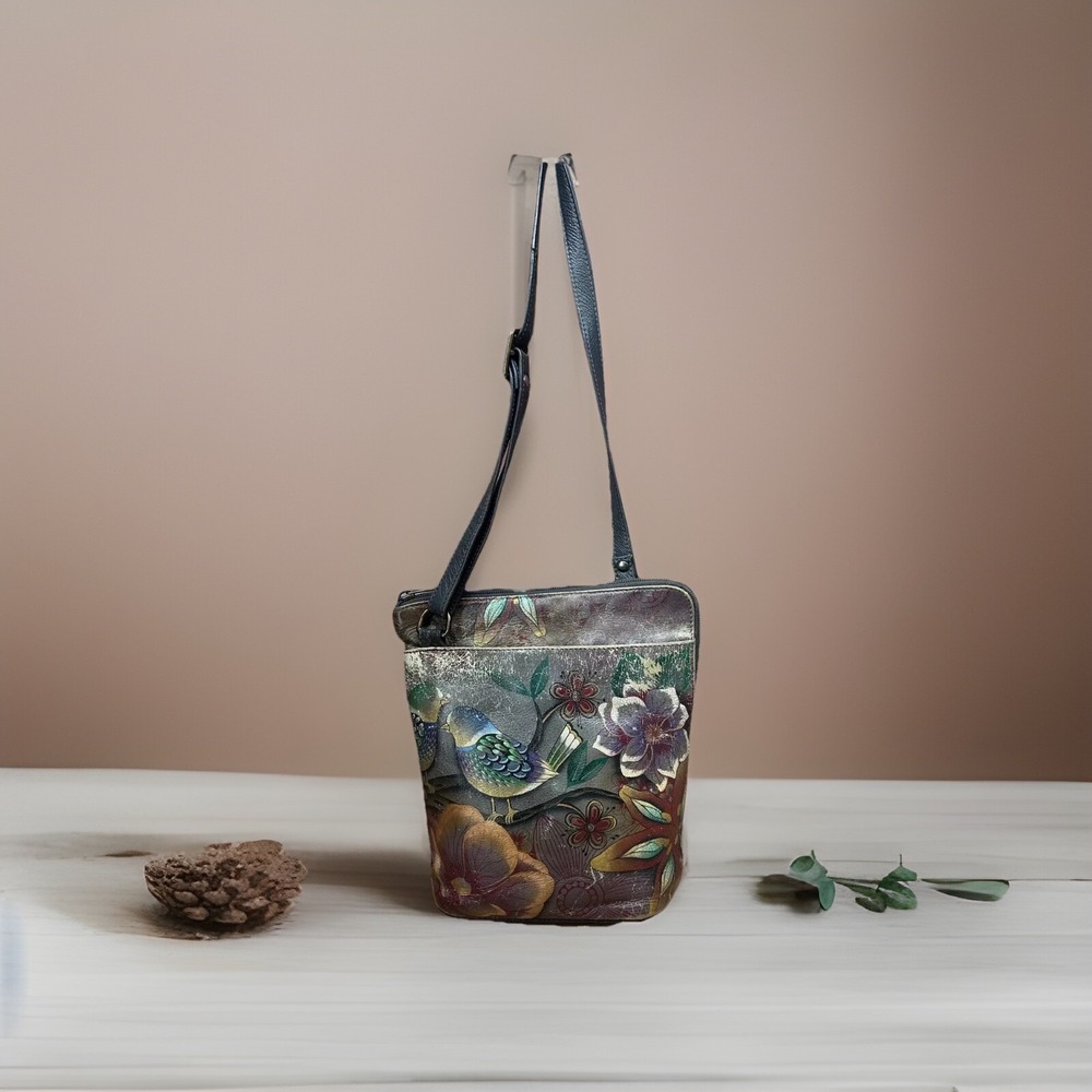 Anuschka Leather Hand Painted Birds Flowers Handbag Shoulder Bag Adj Strap